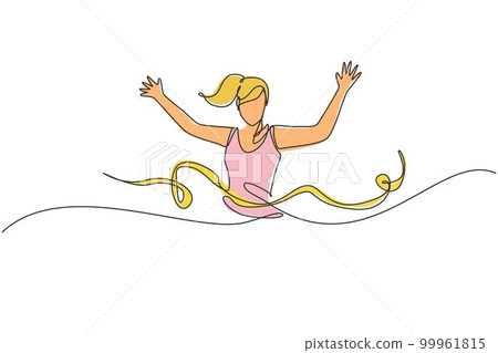 One single line drawing of young happy runner woman pass finish line and hit ribbon vector graphic illustration. Healthy lifestyle and competitive sport concept. Modern continuous line draw design 99961815