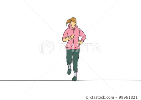 One continuous line drawing of young sporty runner woman relax running at countryside. Healthy lifestyle and fun jogging sport concept. Dynamic single line draw design vector illustration graphic 99961821