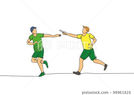 One single line drawing young happy runner man pass baton stick to his teammate at race vector graphic illustration. Healthy lifestyle and competitive sport concept. Modern continuous line draw design 99961828