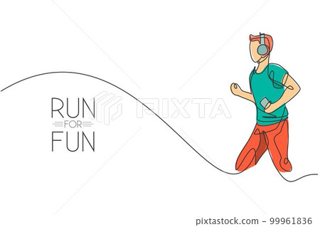 One single line drawing of young happy man runner run relax while listening music with smartphone and headphone vector illustration. Healthy sport training concept. Modern continuous line draw design 99961836