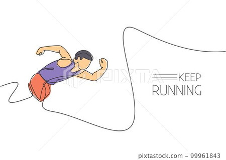 One continuous line drawing of young sporty man runner focus to sprint run fast. Health activity sport concept. Dynamic single line draw design vector illustration for running event promotion poster One continuous line drawing of young sporty man runner focus to sprint run fast. Health activity sport concept. Dynamic single line draw design vector illustration for running event promotion poster 99961843
