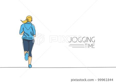 One continuous line drawing of young sporty woman runner run relax, rear view. Health activity sport concept. Dynamic single line draw design vector illustration for running event promotion poster One continuous line drawing of young sporty woman runner run relax, rear view. Health activity sport concept. Dynamic single line draw design vector illustration for running event promotion poster 99961844