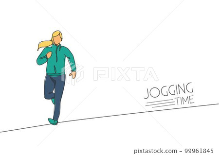 One single line drawing young energetic woman runner run relax at asphalt track graphic vector illustration. Healthy sport training concept. Modern continuous line draw design for running race banner 99961845