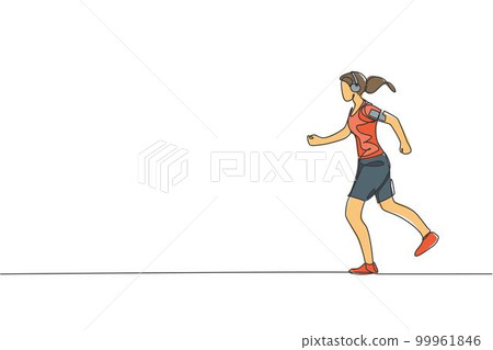 One continuous line drawing of young sporty woman runner run relax while listening music. Health activity sport concept. Dynamic single line draw design vector illustration for running event poster One continuous line drawing of young sporty woman runner run relax while listening music. Health activity sport concept. Dynamic single line draw design vector illustration for running event poster 99961846