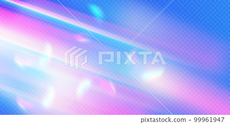 Rainbow light prism effect, transparent blue background. Hologram reflection, crystal flare leak shadow overlay. Vector illustration of abstract blurred iridescent light backdrop. 99961947