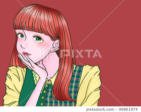 A girl with a cane on her cheek, red background, left aligned 99961974