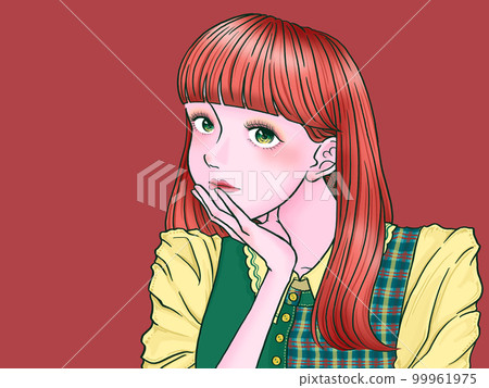 A girl with a cane on her cheek, red background, aligned to the right 99961975