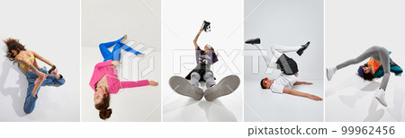 Collage. Young man and woman in bright stylish clothes isolated over grey background. Inner world, psychology 99962456