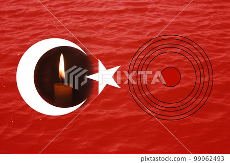 Turkey Earthquake, February 6, 2023. Mournful banner. The Epicenter of the earthquake in Turkey. Pray for Turkey. A bright burning candle on the background of the Turkish flag. Border. Target. 99962493
