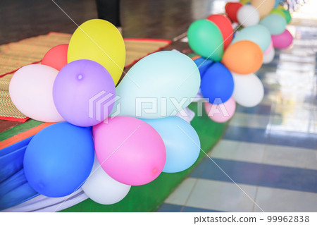 Colorful balloons decorating on side of stage in activity day for being good vibe in the day Colorful balloons decorating on side of stage in activity day for being good vibe in the day 99962838