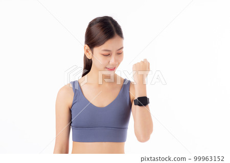 Happy young asian woman looking smartwatch for exercise and aerobics with cardio isolated. Happy young asian woman looking smartwatch for exercise and aerobics with cardio isolated. 99963152