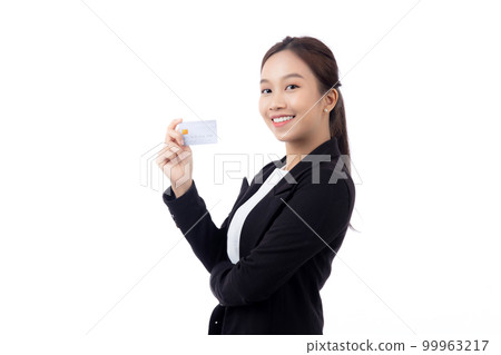 Portrait beautiful young asian business woman hold credit card or debit card for shopping payment. Portrait beautiful young asian business woman hold credit card or debit card for shopping payment. 99963217
