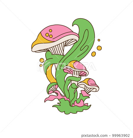 Trippy mushroom bunch with green psychedelic smoke. groovy vector 70s style illustration. Magic mushrooms print for logo,t shirt,tee,poster,sticker. 99963902