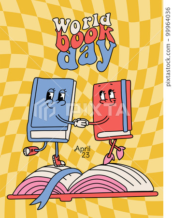 Groovy retro cartoon book characters holding hands with text Worls book day. Vertical Banner or card template. Vintage contour flat vector illustration. International literacy day. 99964036