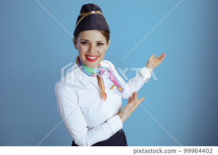 happy stylish stewardess woman on blue welcoming 99964402