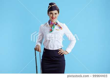 smiling stylish flight attendant woman on blue smiling stylish flight attendant woman on blue 99964403