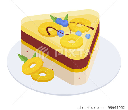 Isometric pineapple cake. Sweet pastry cheesecake dessert with pineapple and berries, delicious ananas jello cake 3d vector illustration Isometric pineapple cake. Sweet pastry cheesecake dessert with pineapple and berries, delicious ananas jello cake 3d vector illustration 99965062