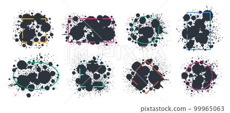 Paint splash frames. Black ink drops and spots borders, abstract ink splatters, writing ink grunge drops frame silhouettes flat vector illustration set 99965063