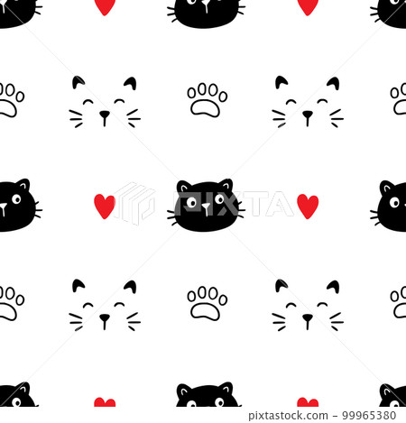 Cute cat face pattern seamless. Hand drawn sketch doodle kitty black face on white background. Cat footprint element. Cute pet pattern. Vector 99965380