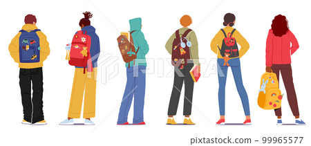 Group of Young People With Backpacks Stand In Row Rear View. Teens Boys And Girls Wear Trendy Clothes Of Bright Colors Group of Young People With Backpacks Stand In Row Rear View. Teens Boys And Girls Wear Trendy Clothes Of Bright Colors 99965577