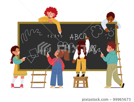 Children Stand In Front Of Blackboard, Writing With Chalk. Concept Of School Education, Innocence Of Childhood Children Stand In Front Of Blackboard, Writing With Chalk. Concept Of School Education, Innocence Of Childhood 99965673