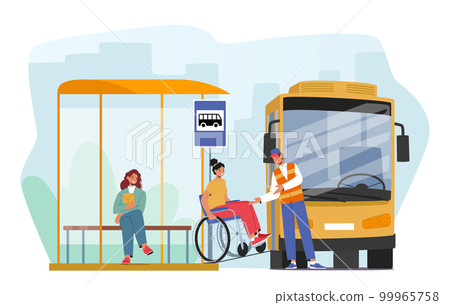 Female Character on Wheelchair Use Ramp To Access Bus. Accessibility And Inclusivity And Concept for Public Transport Female Character on Wheelchair Use Ramp To Access Bus. Accessibility And Inclusivity And Concept for Public Transport 99965758