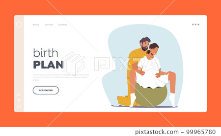 Birth Plan Landing Page Template. Expecting Couple Prepare For Childbirth Using Fitness Ball. Pregnant Woman And Partner 99965780