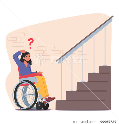 Female Character On Wheelchair Trying To Access Building Porch Without Ramp. Accessibility And Inclusivity 99965785