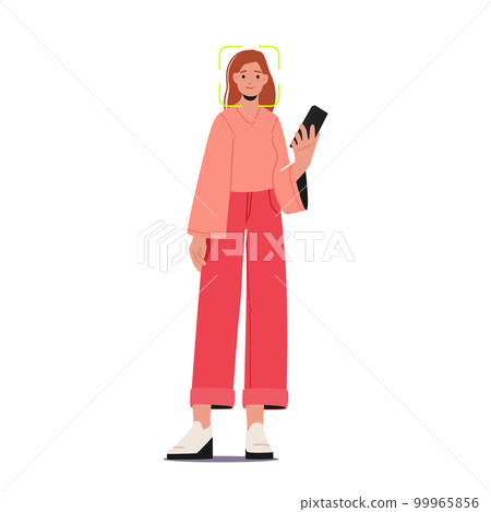 Facial Recognition Technology Concept. Female Character Scanning Face Id On Smartphone, Identification Of Person 99965856