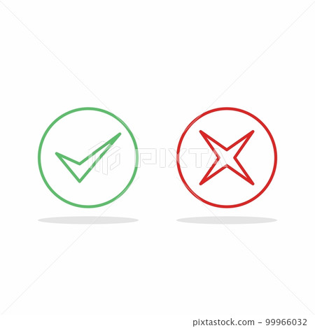 Check and wrong marks, Tick and cross marks, Accepted/Rejected, Approved/Disapproved, Yes/No, Right/Wrong, Green/Red, Correct/False, Ok/Not Ok - vector mark symbols in green and red. Isolated icon. Check and wrong marks, Tick and cross marks, Accepted/Rejected, Approved/Disapproved, Yes/No, Right/Wrong, Green/Red, Correct/False, Ok/Not Ok - vector mark symbols in green and red. Isolated icon. 99966032