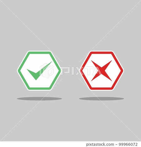 Check and wrong marks, Tick and cross marks, Accepted/Rejected, Approved/Disapproved, Yes/No, Right/Wrong, Green/Red, Correct/False, Ok/Not Ok - vector mark symbols in green and red. Isolated icon. 99966072