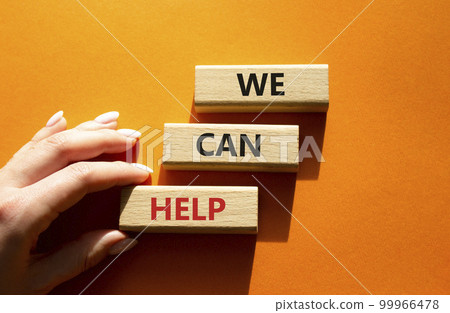 We can help symbol. Wooden blocks with words We can help. Beautiful orange background. Businessman hand. Business and We can help concept. Copy space. 99966478