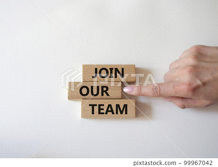 Join our team symbol. Wooden blocks with words Join our team. Beautiful white background. Businessman hand. Business and Join our team concept. Copy space. Join our team symbol. Wooden blocks with words Join our team. Beautiful white background. Businessman hand. Business and Join our team concept. Copy space. 99967042