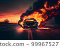 burning car on the highway. The car has been in an accident and is on fire. 99967527