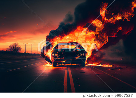 burning car on the highway. The car has been in an accident and is on fire. burning car on the highway. The car has been in an accident and is on fire. 99967527