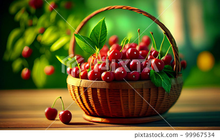 a wicker basket with cherries stands on the table against the backdrop of a cherry orchard. 99967534