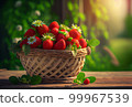 a wicker basket with strawberries stands on the table against the backdrop of a green garden. 99967539