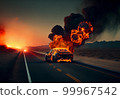 burning car on the highway. The car has been in an accident and is on fire. 99967542