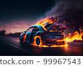 burning car on the highway. The car has been in an accident and is on fire. 99967543