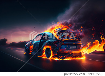 burning car on the highway. The car has been in an accident and is on fire. 99967543