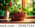 a wicker basket with cherries stands on the table against the backdrop of a cherry orchard. 99967544