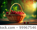 a wicker basket with cherries stands on the table against the backdrop of a cherry orchard. 99967546