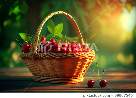 a wicker basket with cherries stands on the table against the backdrop of a cherry orchard. a wicker basket with cherries stands on the table against the backdrop of a cherry orchard. 99967546