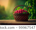 a wicker basket with raspberries stands on the table against the backdrop of a green garden. 99967547