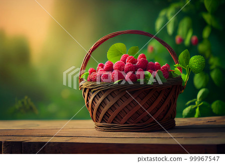 a wicker basket with raspberries stands on the table against the backdrop of a green garden. a wicker basket with raspberries stands on the table against the backdrop of a green garden. 99967547