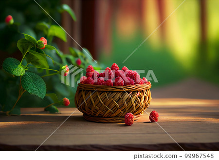 a wicker basket with raspberries stands on the table against the backdrop of a green garden. a wicker basket with raspberries stands on the table against the backdrop of a green garden. 99967548