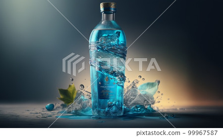 summer cocktail in a water splash bottle, light blue background, generative AI summer cocktail in a water splash bottle, light blue background, generative AI 99967587