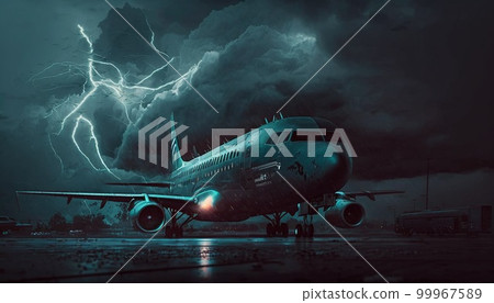 Plane takes off during thunderstorm, lightning strikes near passenger airplane Plane takes off during thunderstorm, lightning strikes near passenger airplane 99967589