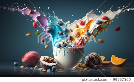 yogurt with fruits and nuts, splashes of water, light blue 99967590
