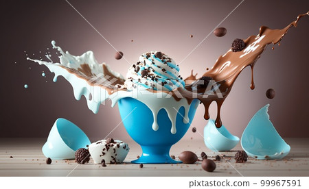 yogurt with fruits and nuts, splashes of water, light blue 99967591